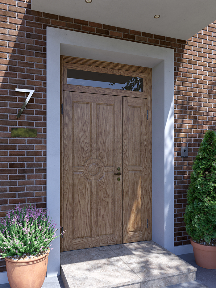 Входная дверь Ягуар в классическом стиле с панелями из массива и остекленной фрамугой